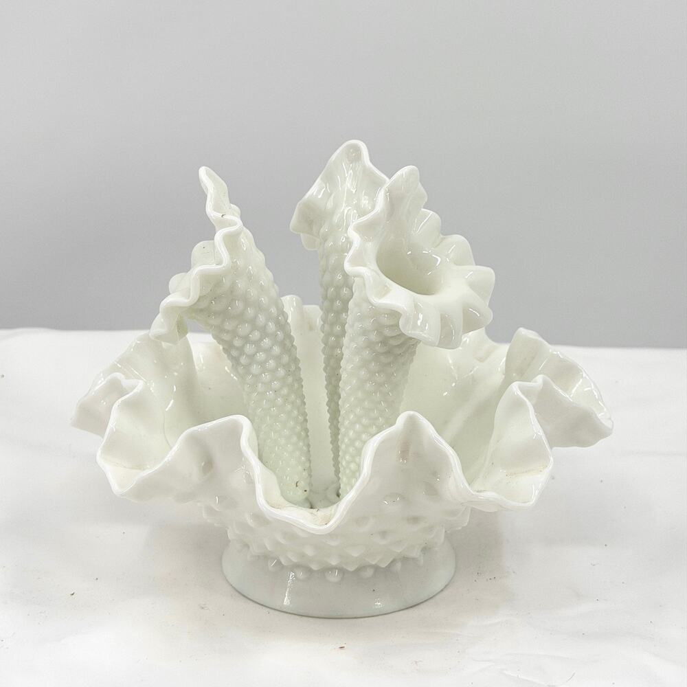 Vintage 50s Fenton White Milk Glass Hobnail 4-Piece Epergne Vase